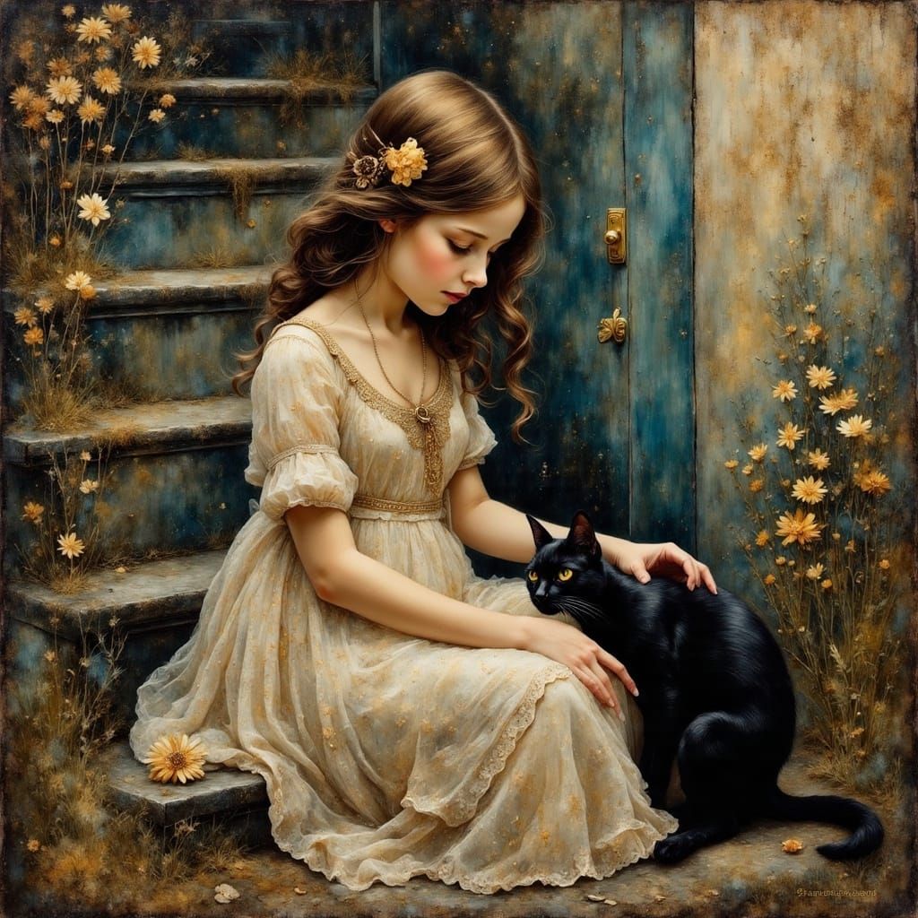 Girl and Black Cat: Oil Painting Illustration