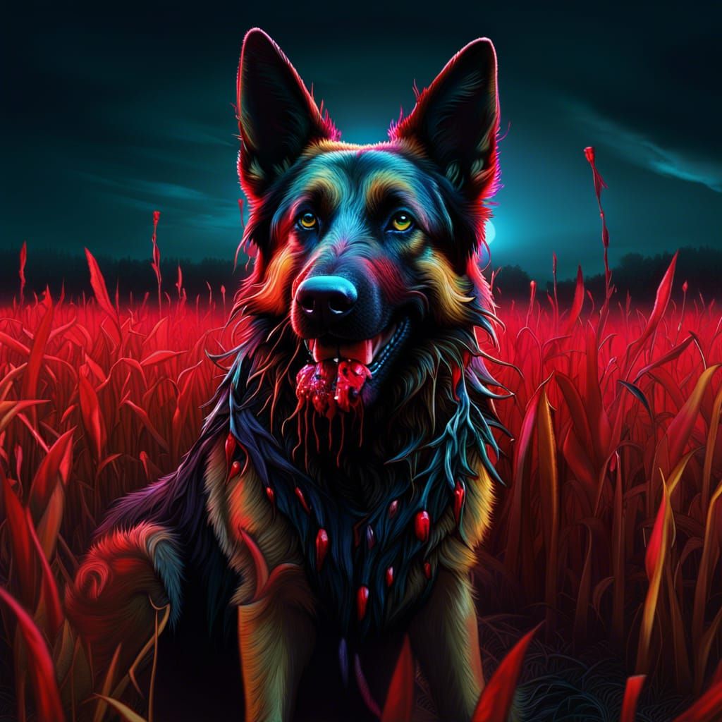Surreal Scarecrow German Shepherd in Dark Cornfield