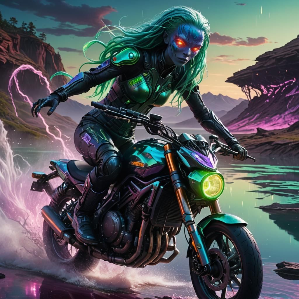 Alien on Hoverbike Over Crimson Lake