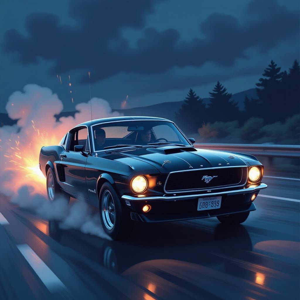 Man Drives Mustang on Dark Highway in Futuristic Style