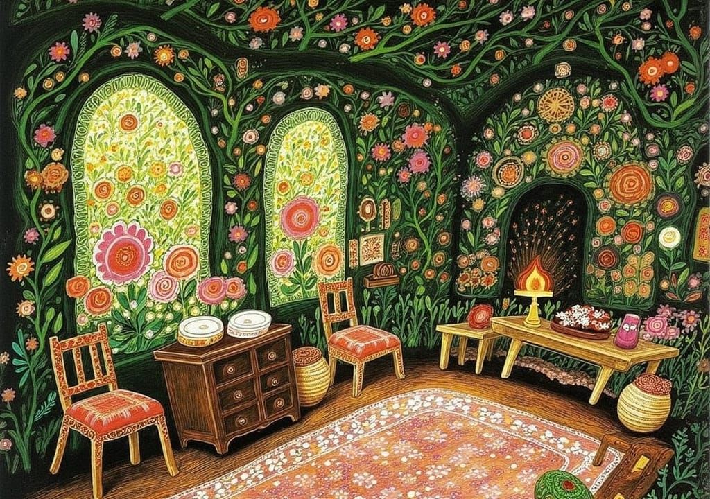 Fairytale Home Interior with Lush Greenery