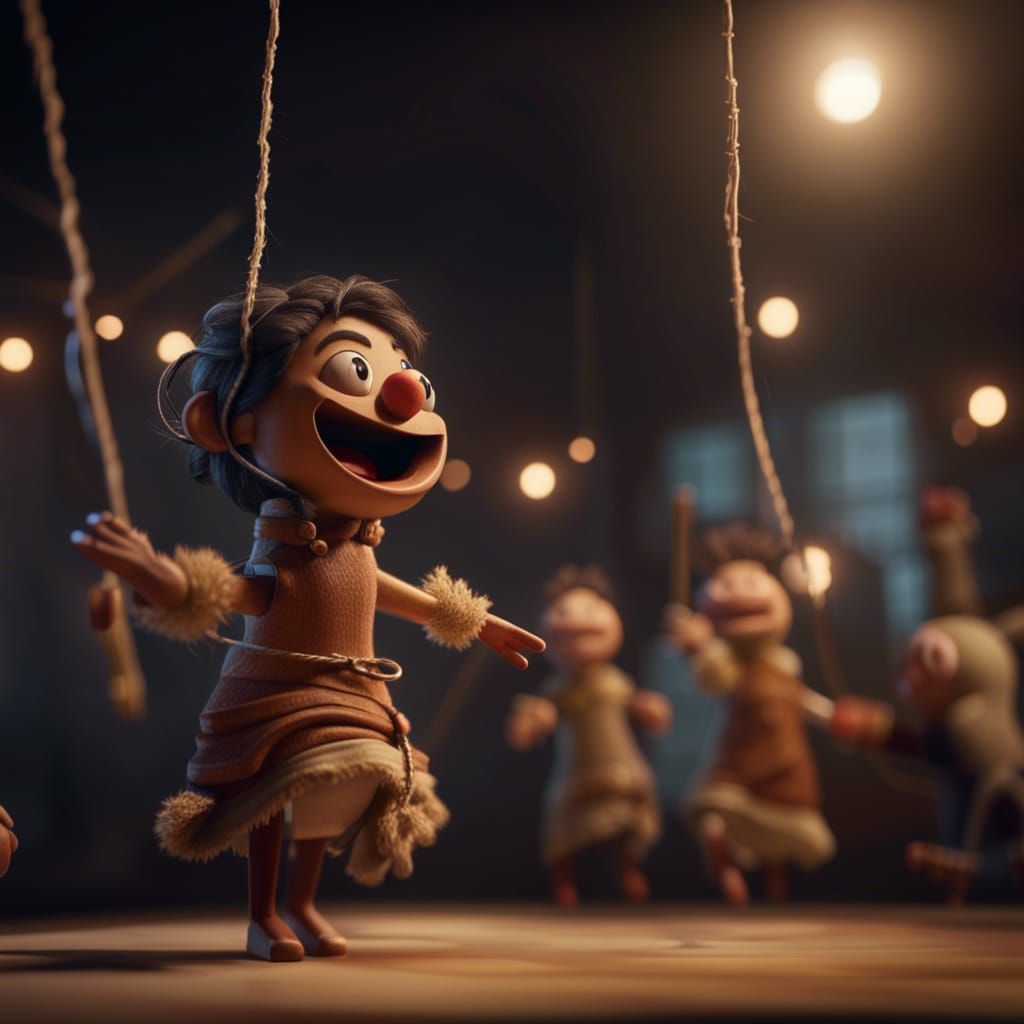 A string puppet dancing and others enjoying