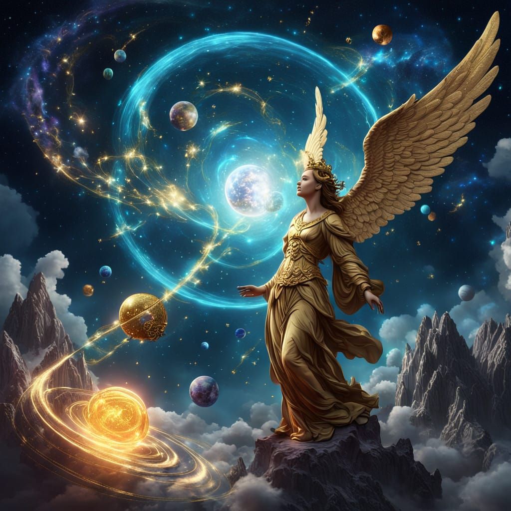 Angel Amidst Celestial Wonders in Vibrant Colors