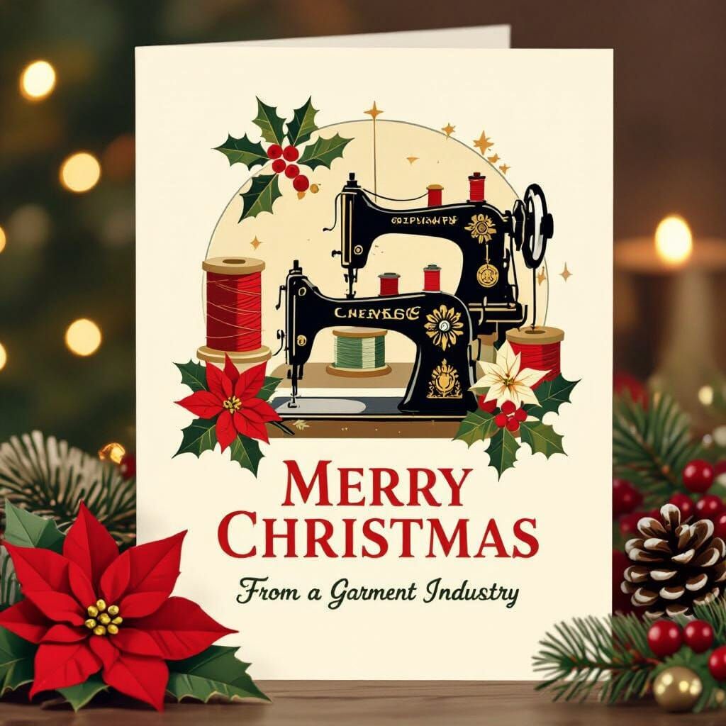 Vintage Christmas Card: Sewing Machines & Holly in Mid-Centu...