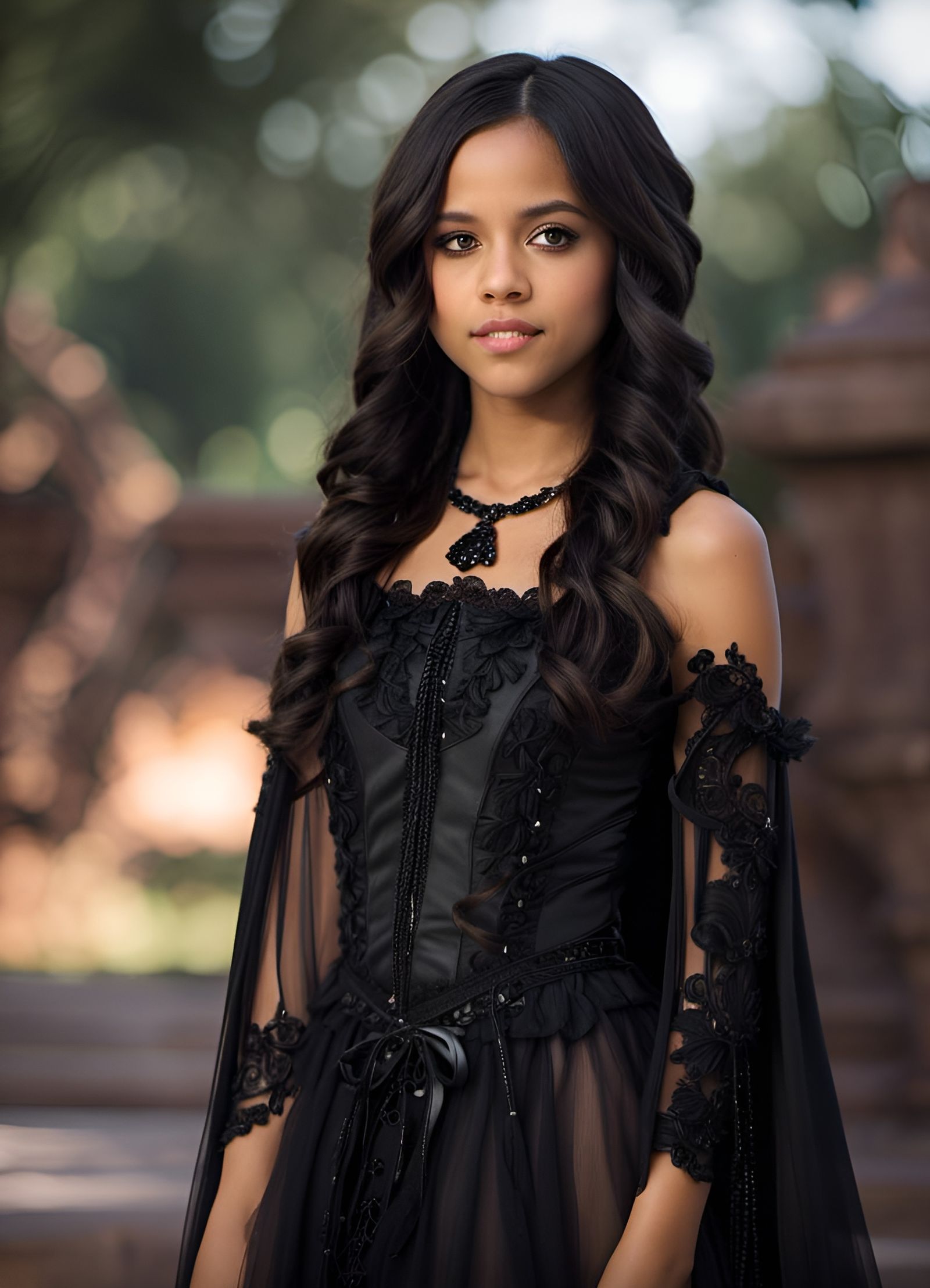Jenna Ortega in Gothic Costume with Neon Lighting