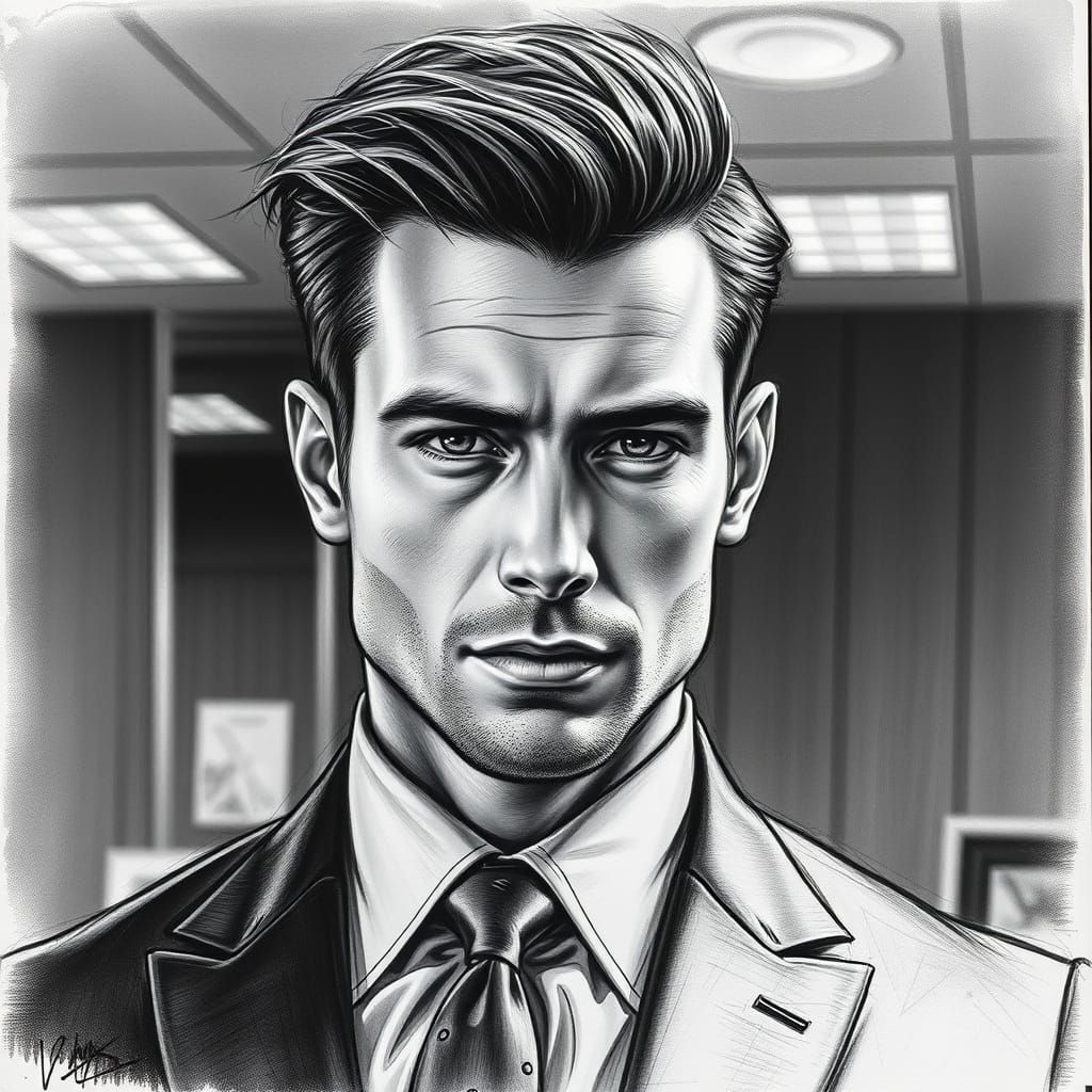 Charcoal Portrait of a Handsome Man in a Monochromatic Offic...