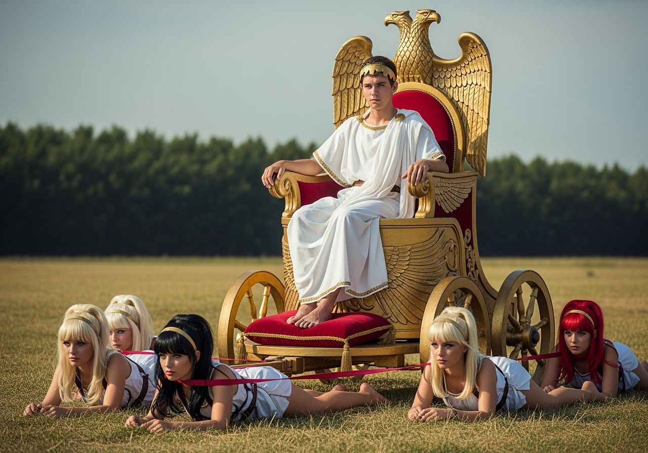 Young Emperor on Gold Chariot in Fantasy Art Style