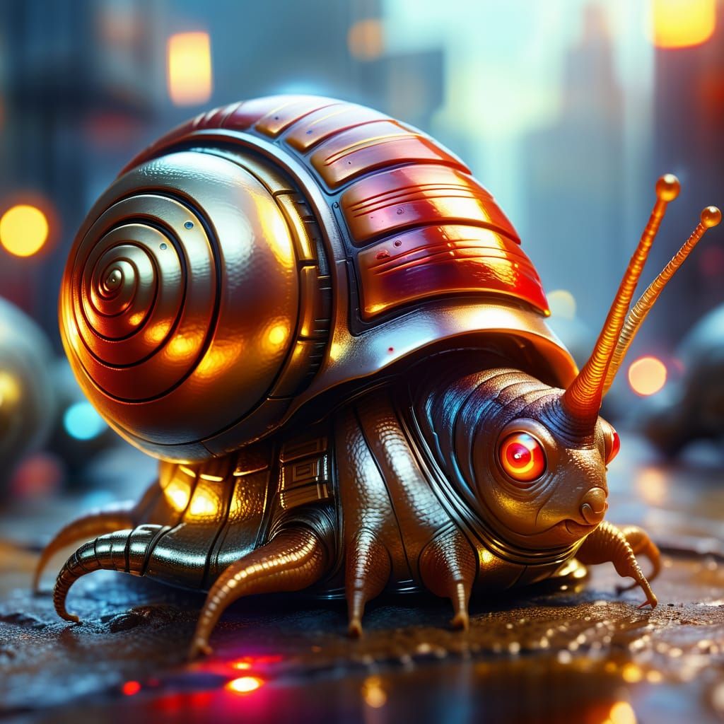 Futuristic Robot Snail with Chrome Shell, 4K Art