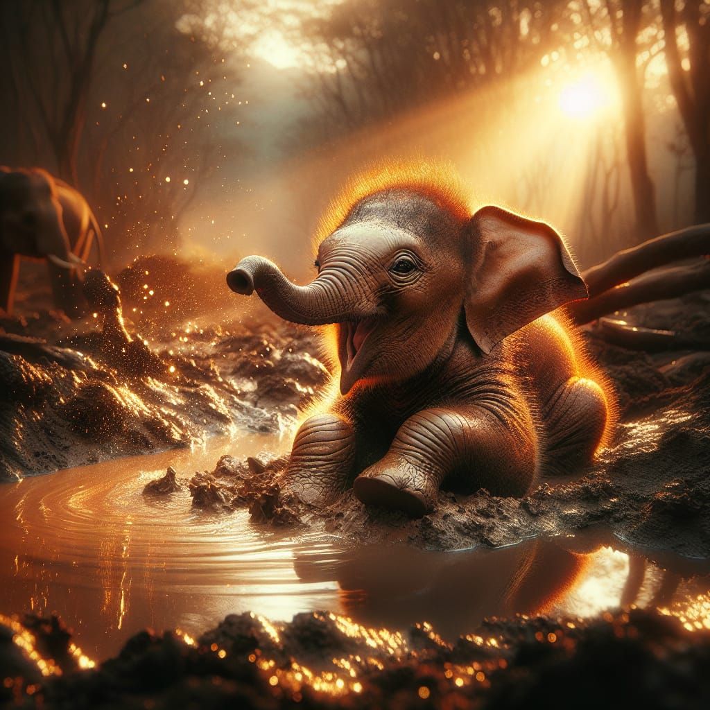 Baby Elephant Rejoices in Muddy Puddle at Sunset