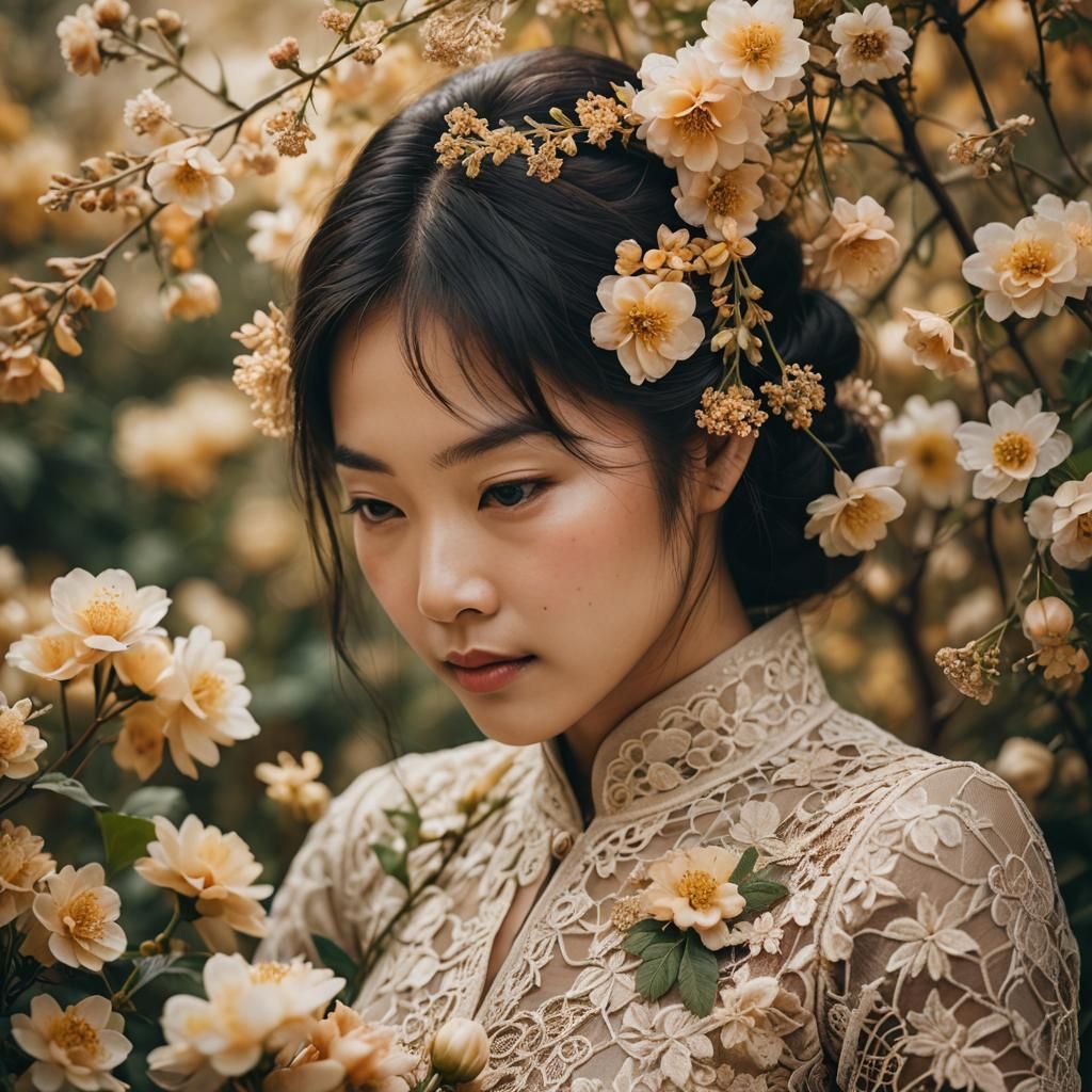 Macro Photograph of Asian Woman in Flowers