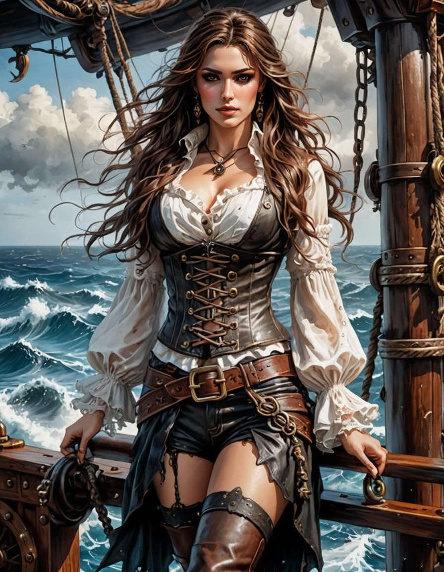 Alluring Pirate Woman on Deck of Ship