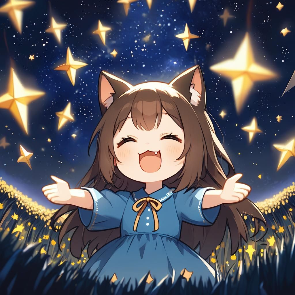 Adorable Chibi Catgirl Singing Under Starry Sky
