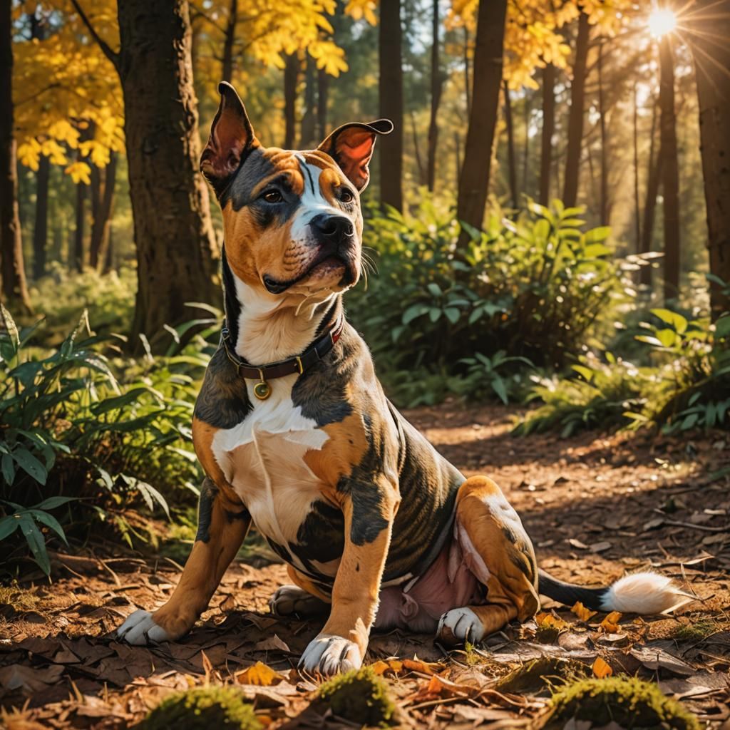 Amstaff Dog in Forest Sunset, French Comics Style