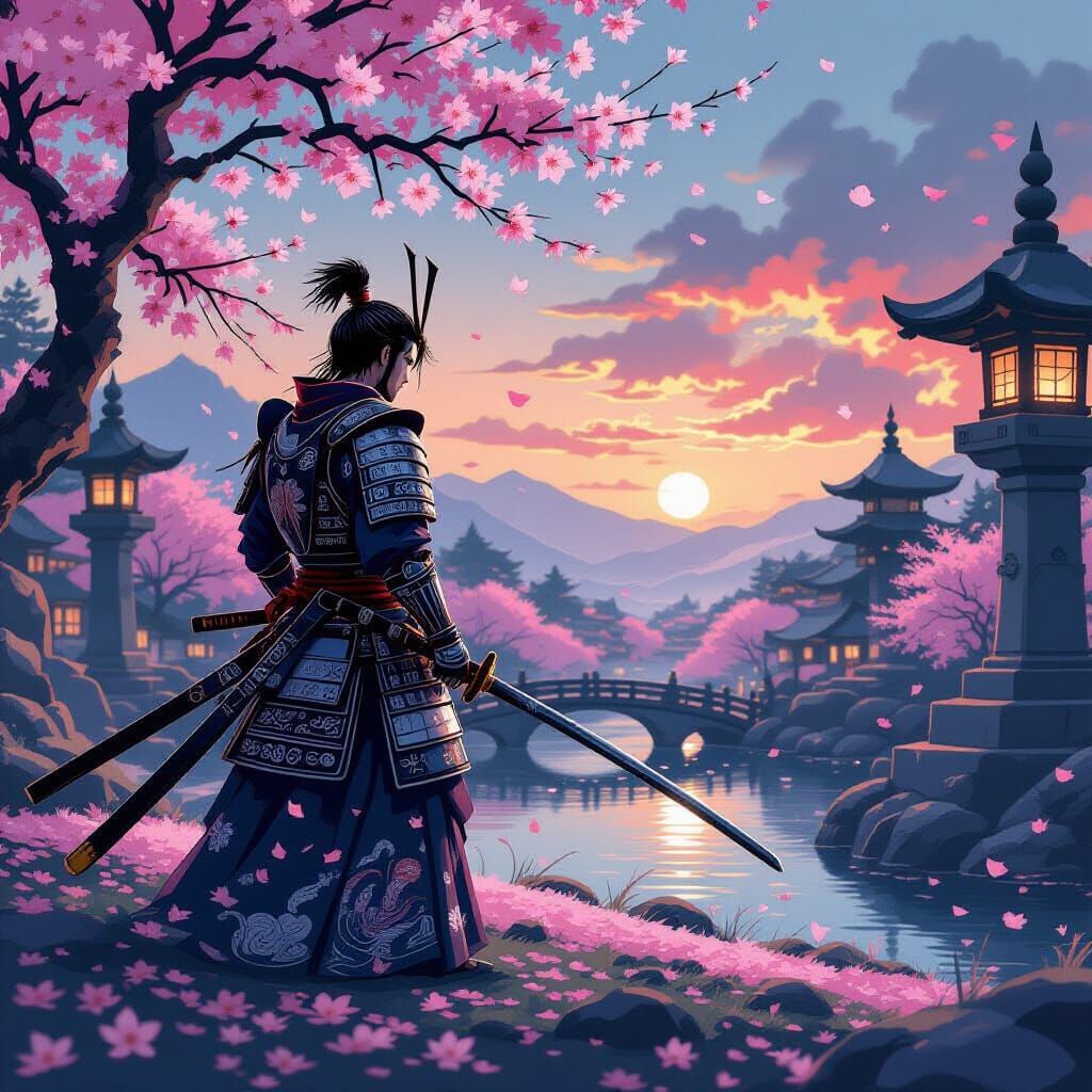 Samurai Warrior on Blossom Battlefield at Dusk