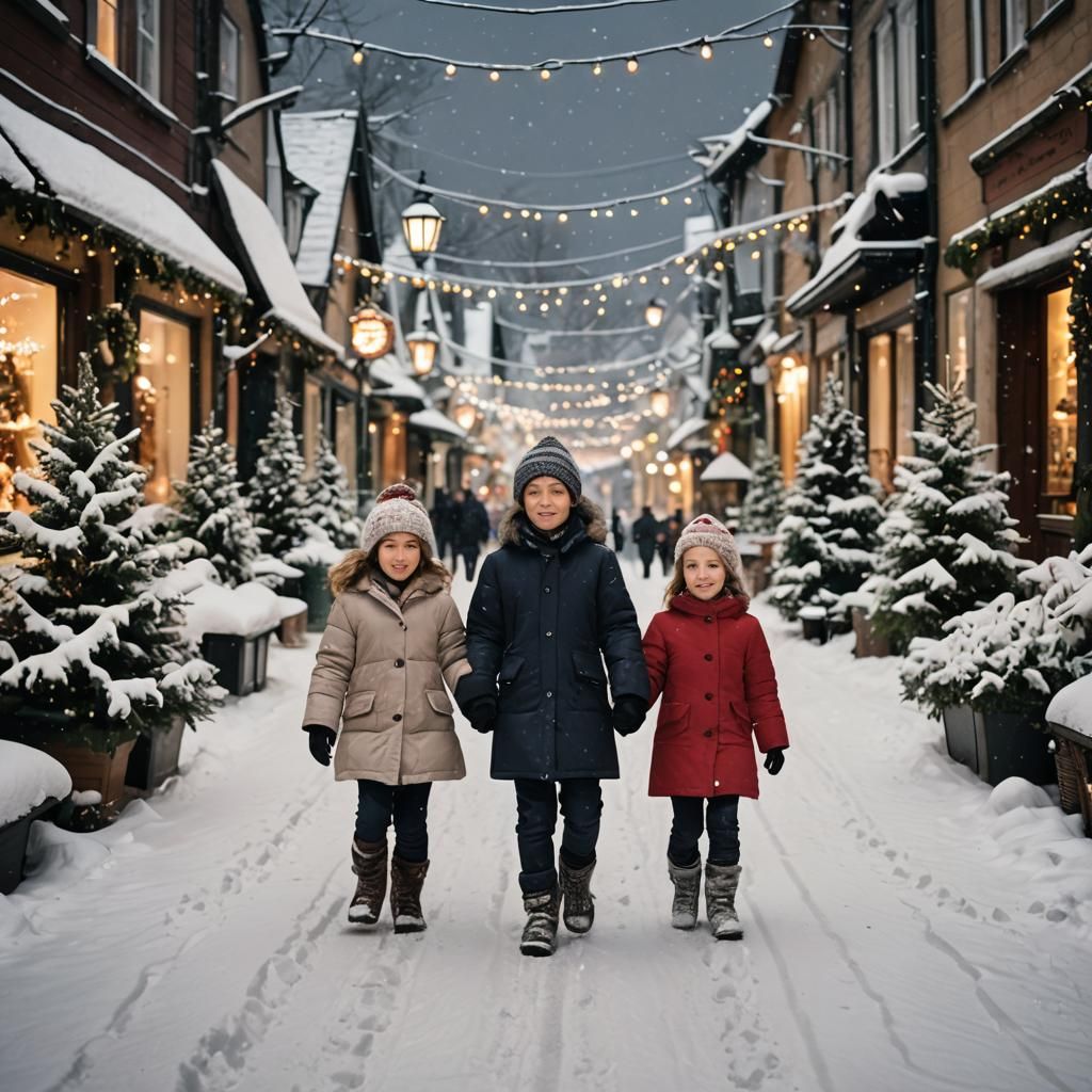 Siblings Stroll Through Winter Wonderland Streets
