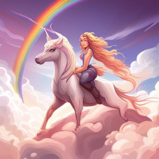 Girl with Rainbow Hair Riding Unicorn, Digital Art