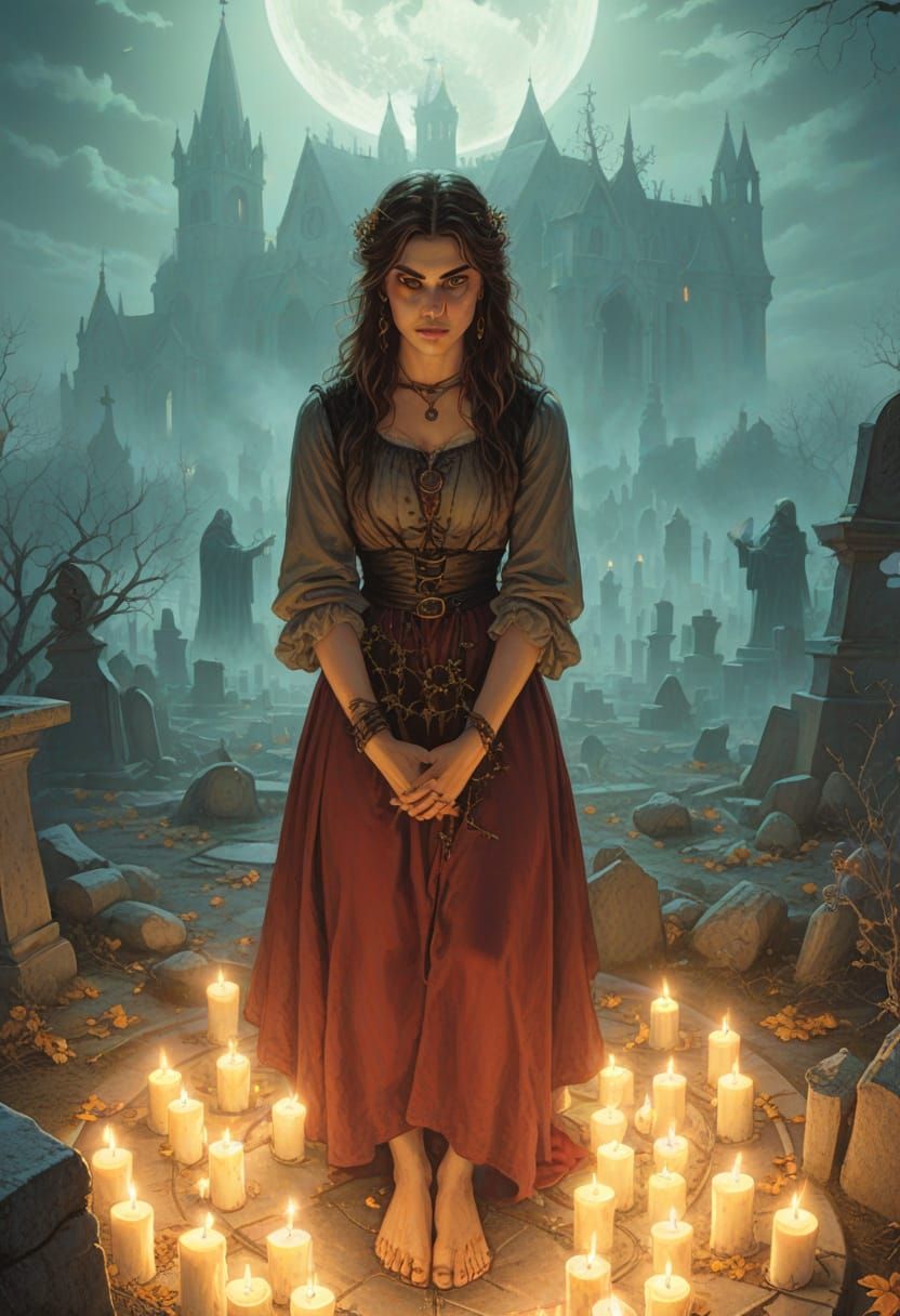 Renaissance Witch in Gothic Graveyard Illustration