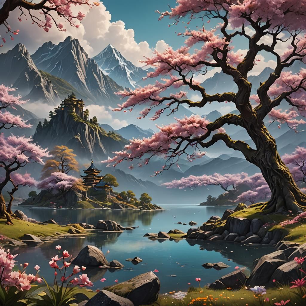 Cherry Blossom Tree in Lake: Detailed Matte Painting