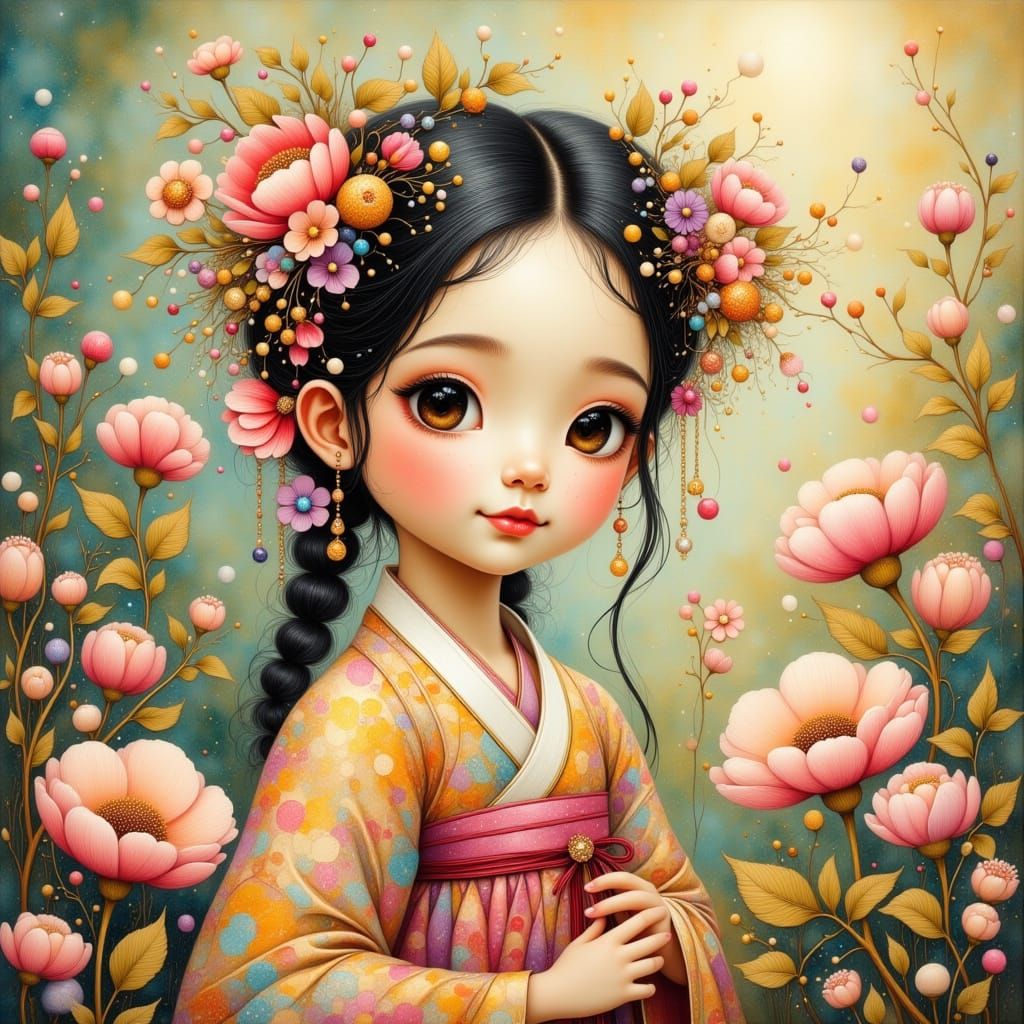 Whimsical Korean Child in Vibrant Garden