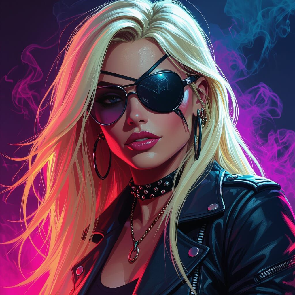Blonde Eyepatch Rocker Woman with Glasses in Neon Glow