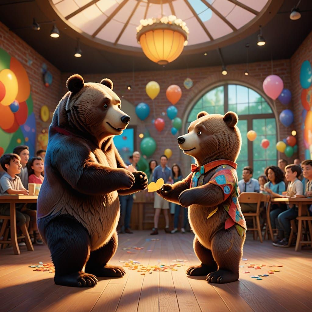 Pixar-Style Wedding of a Human and Bear in a Whimsical Museu...