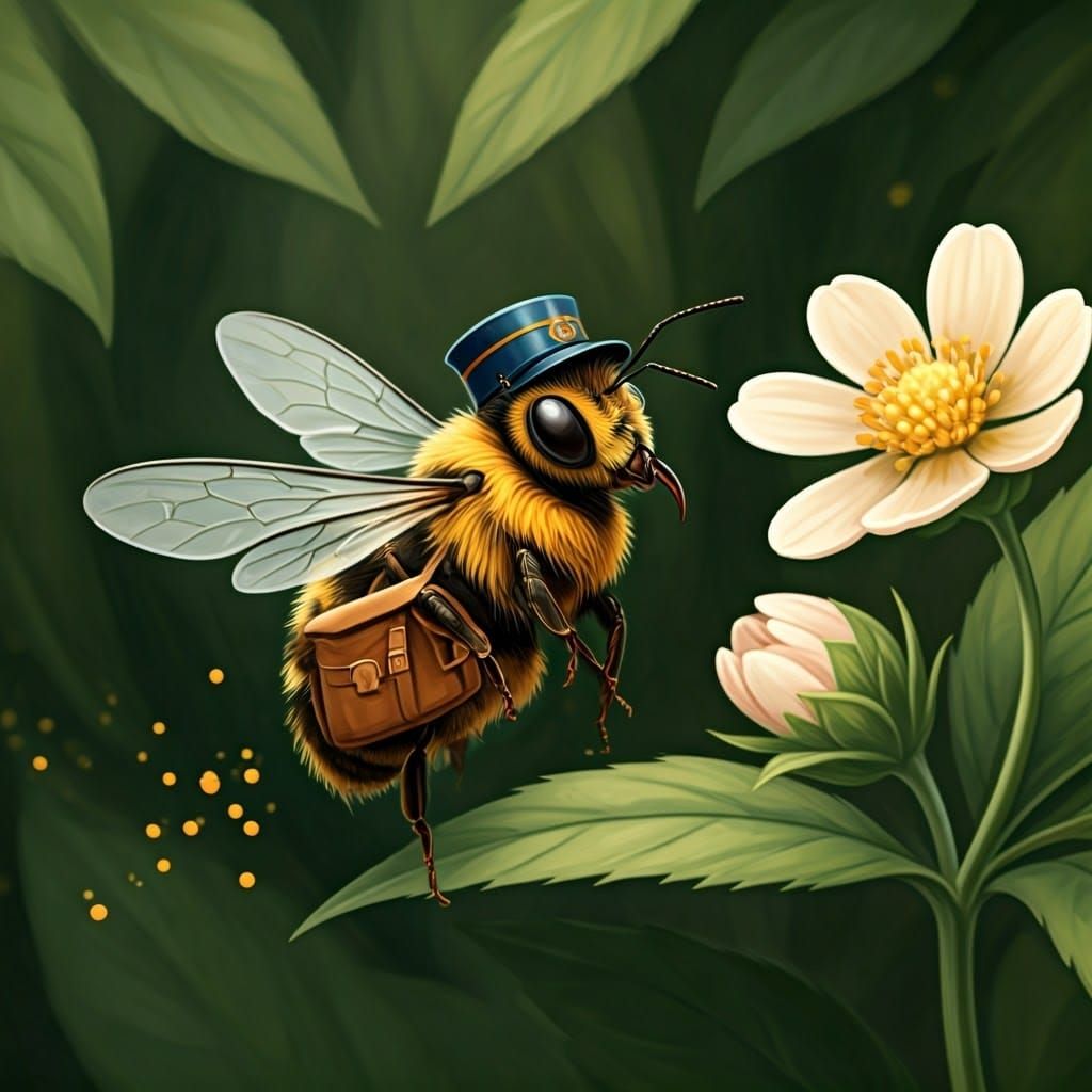 Book illustration, a bee delivery man delivering pollen to a...