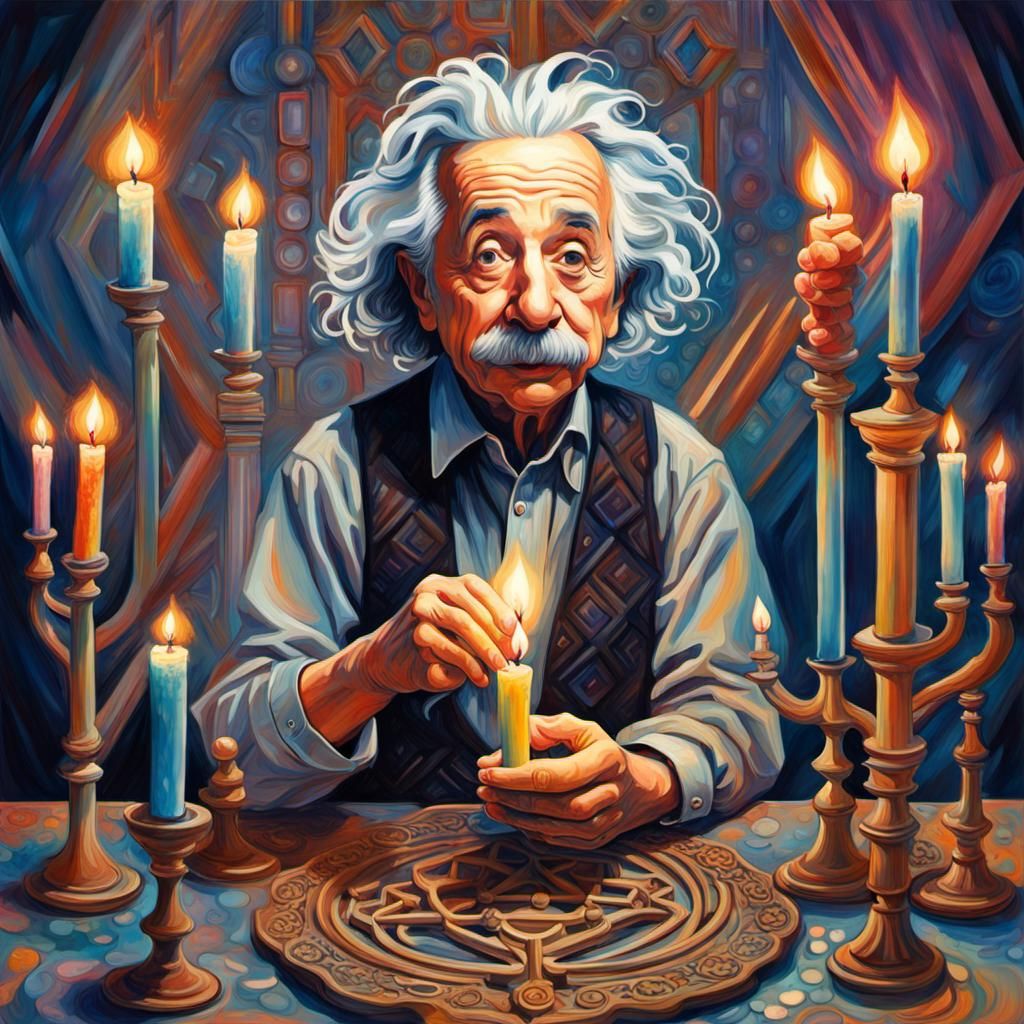 Albert Einstein on the light from A Chanukah menorah with candles giving off amazing light.