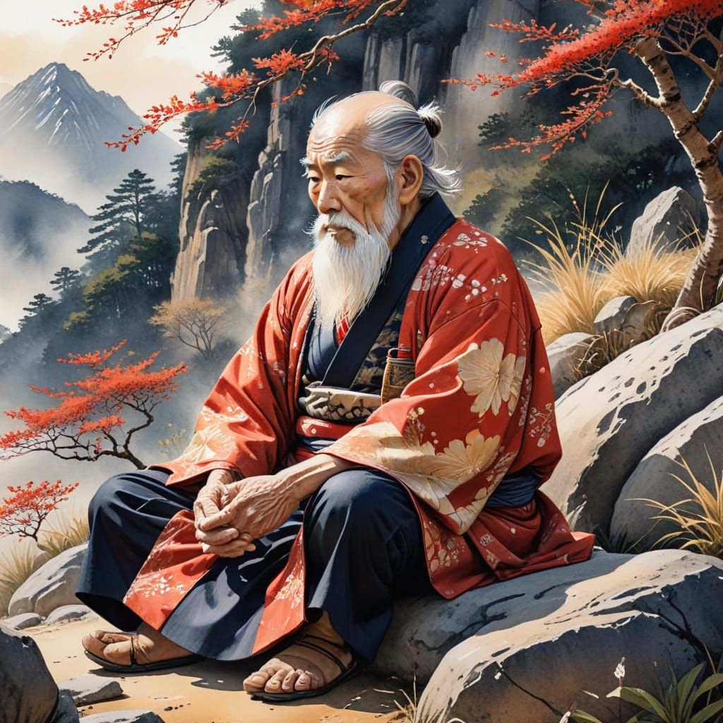 Traditional Japanese Masterpiece: Serene Mountain Setting