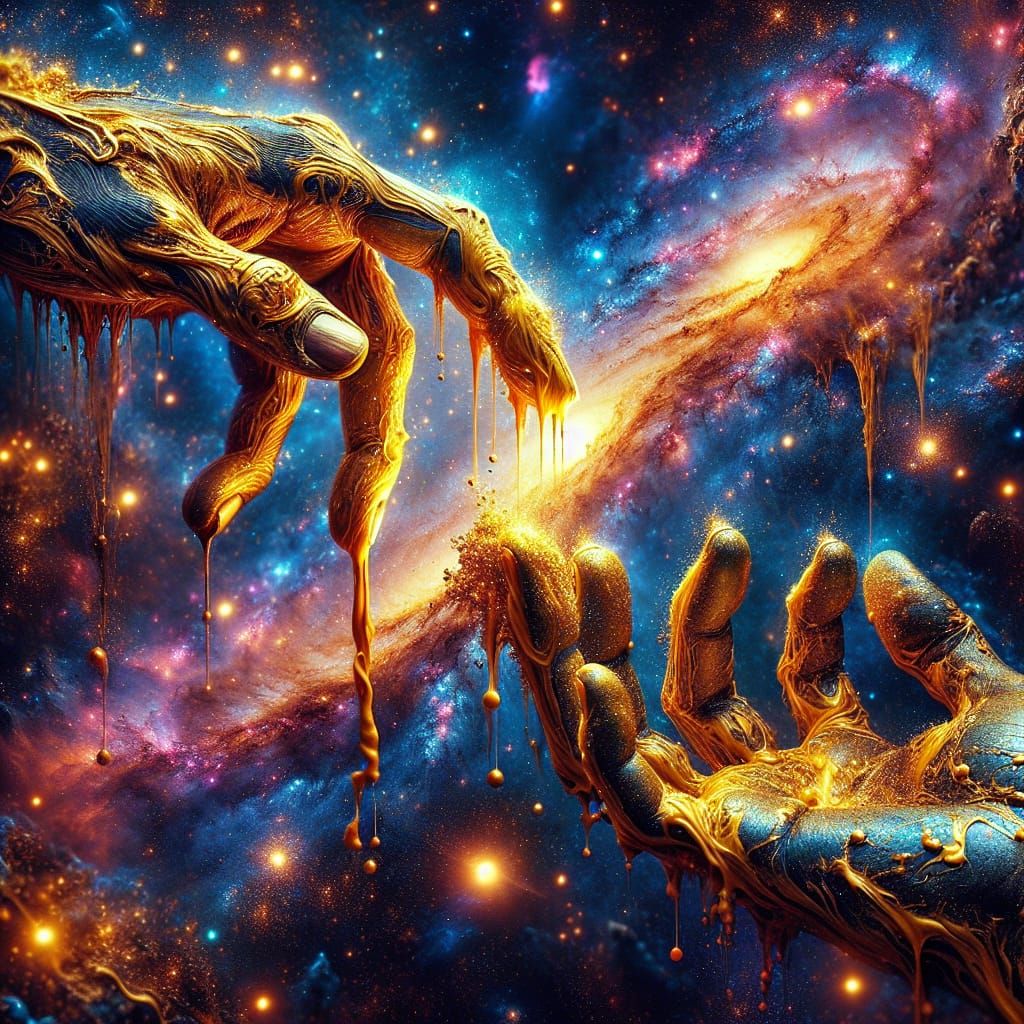 Golden Hands Reach for Magic in Hyperrealistic Galaxy