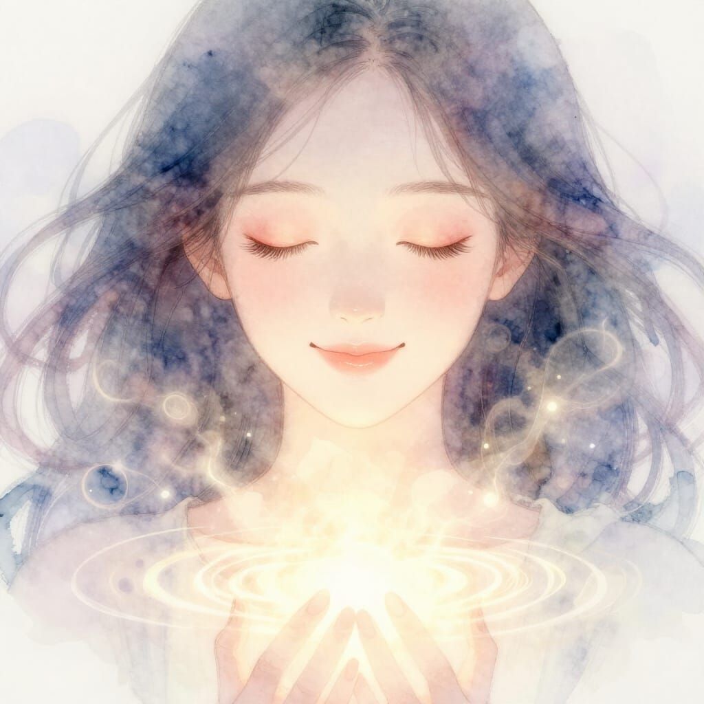 Serene Woman Radiates Inner Peace with Ethereal Glow