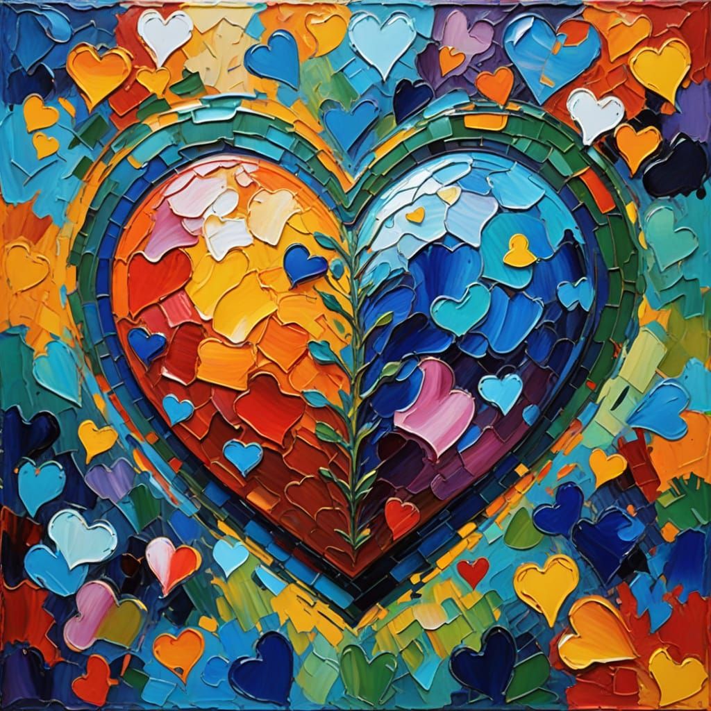 Vibrant Textured Heart Oil Painting in Neo-Impressionist Sty...