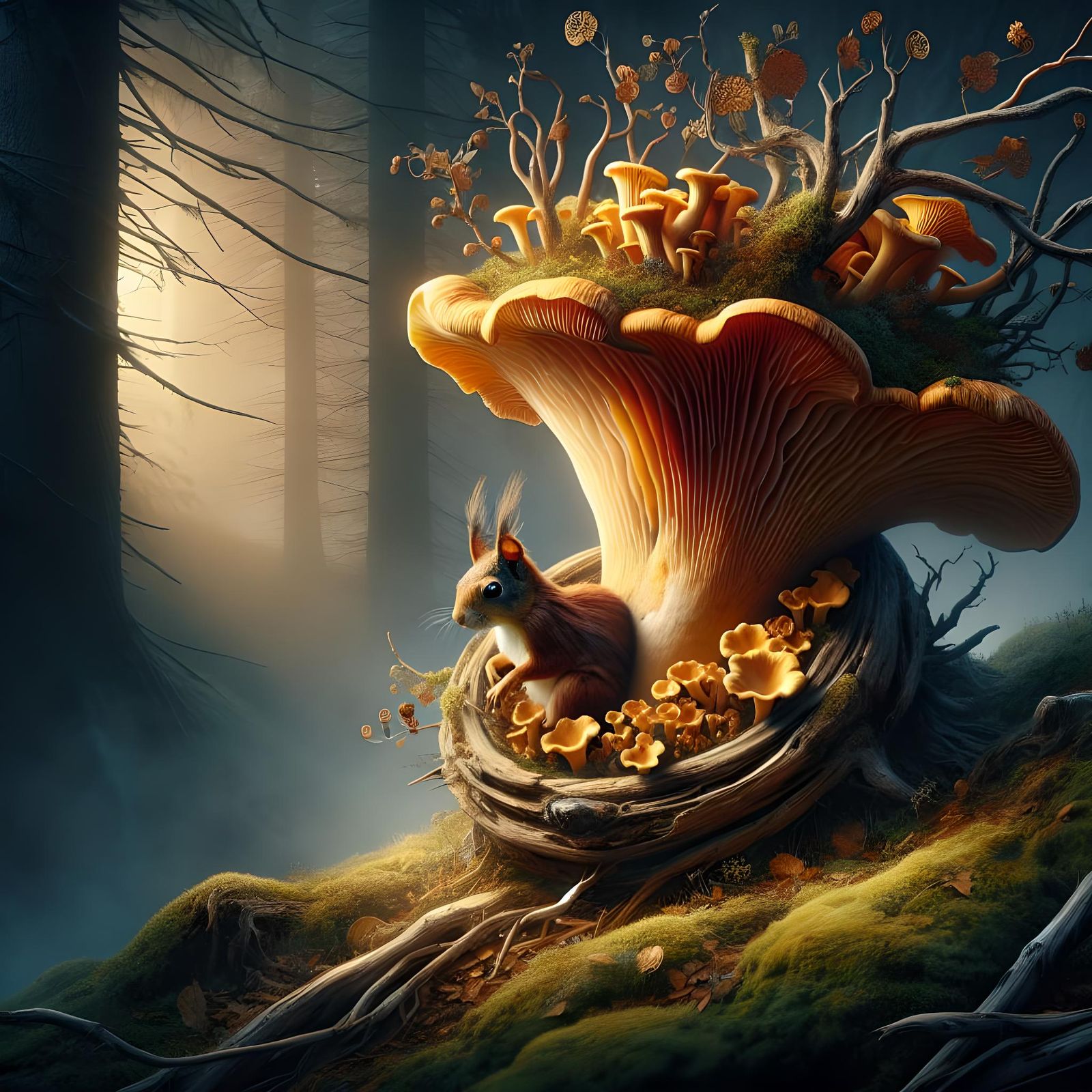 Squirrel and Chanterelle in Enchanted Forest