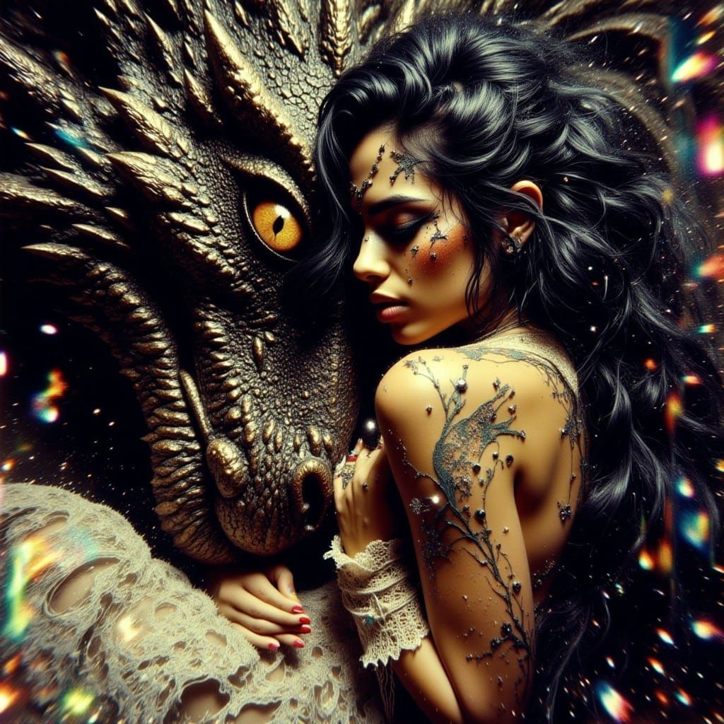 Vibrant Noir Portrait of a Latina Girl and a Dragon