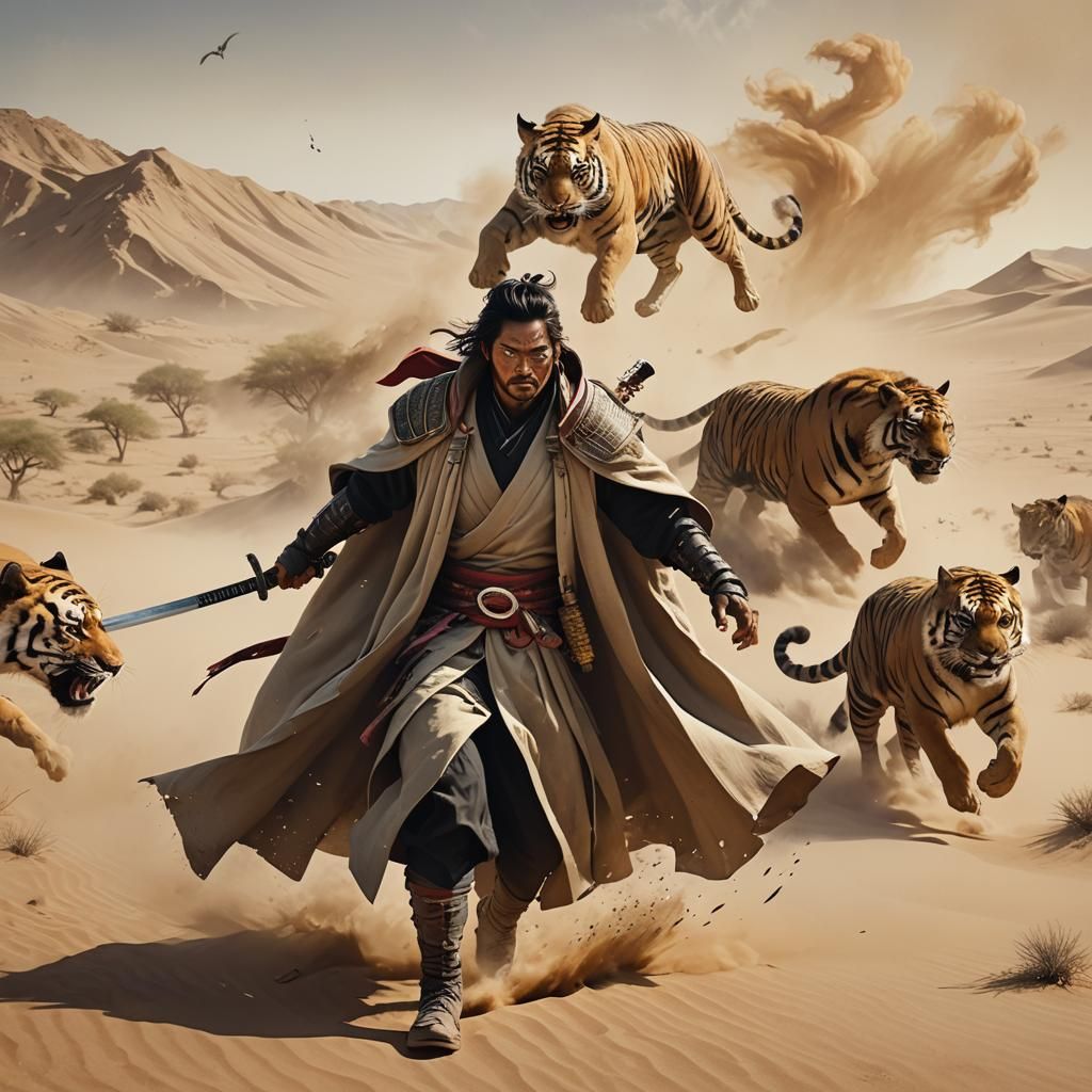 Samurai Chasing Tigers in Desert Concept Art