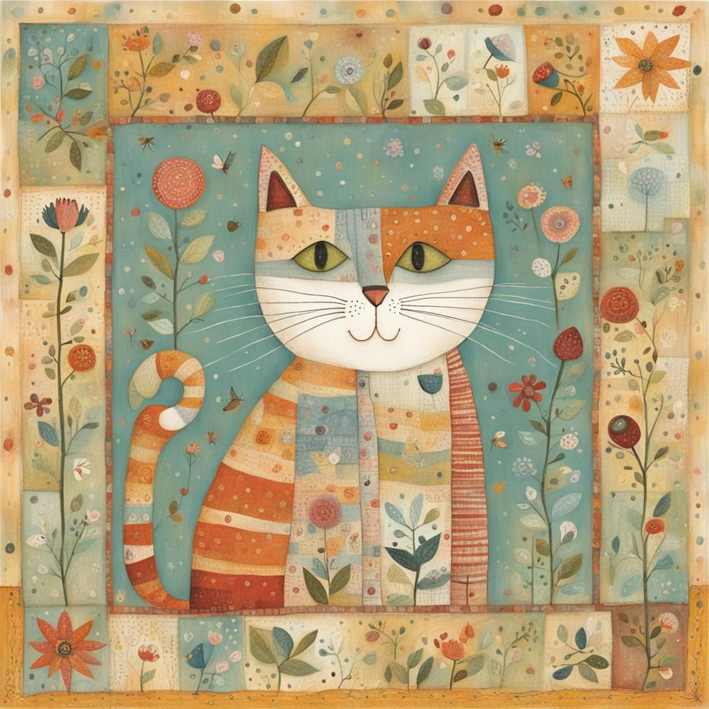Whimsical Cat Illustration in Folk Art Style