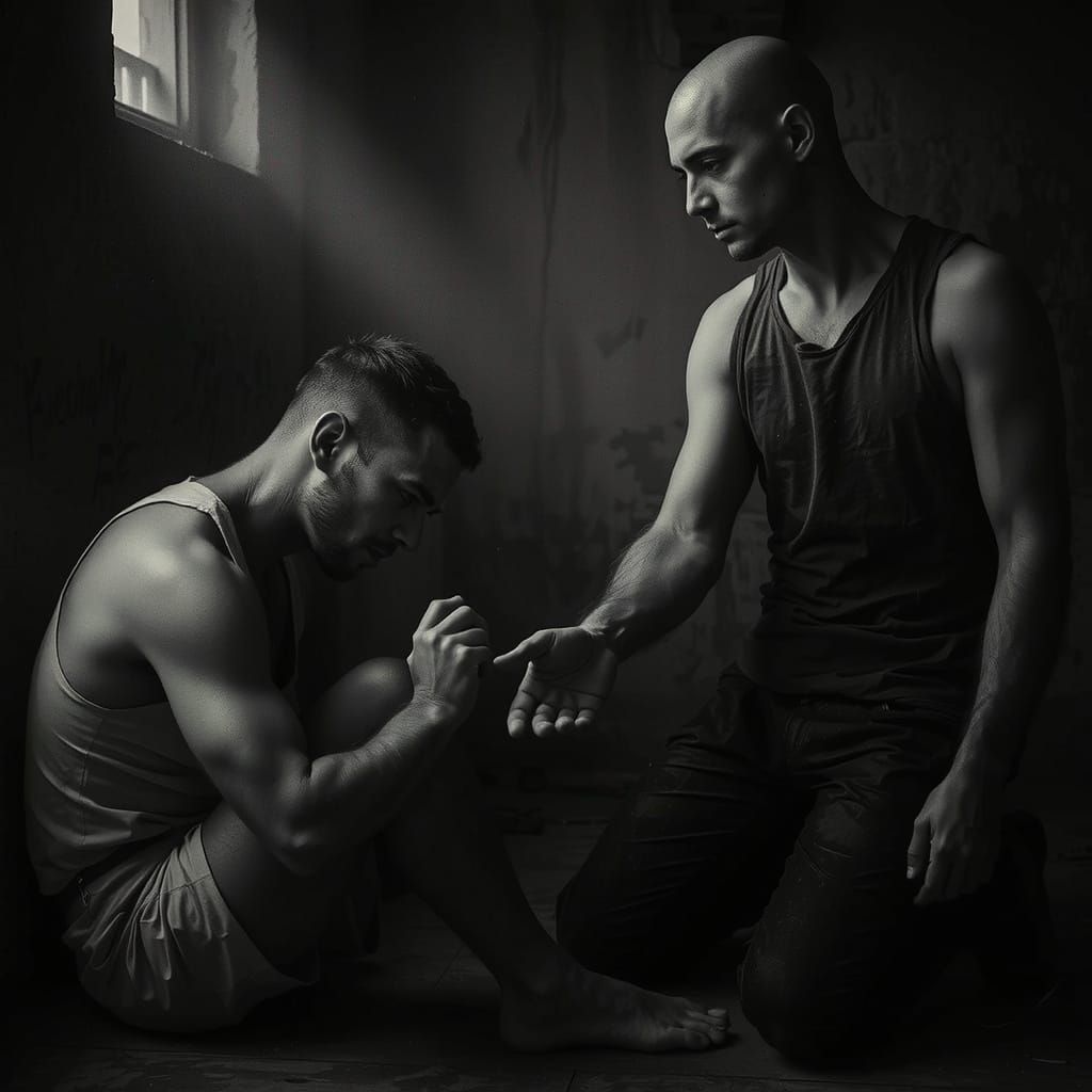 Man Offered Support in Desolate Room, Pre-Raphaelite Style