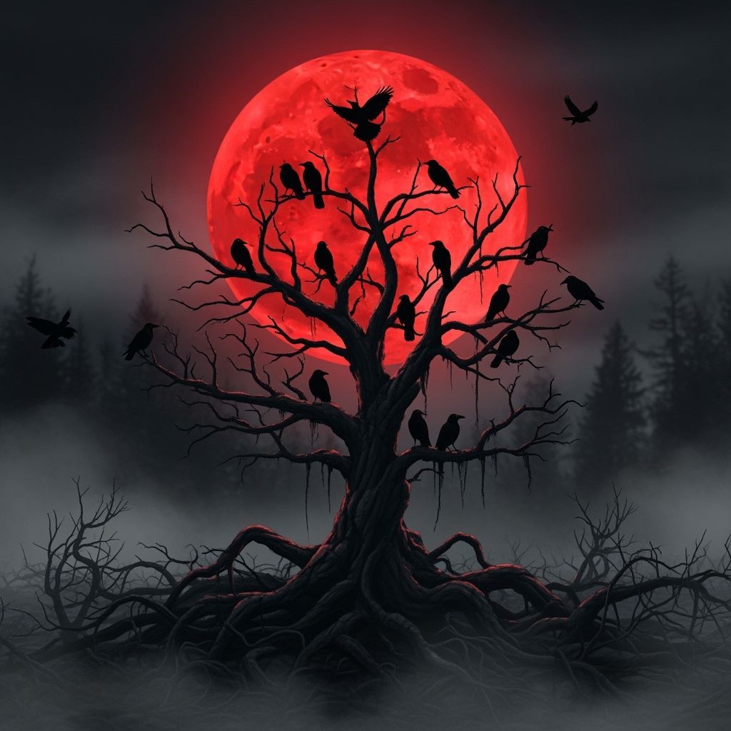 Crows Under Red Moon in Digital Painting Style