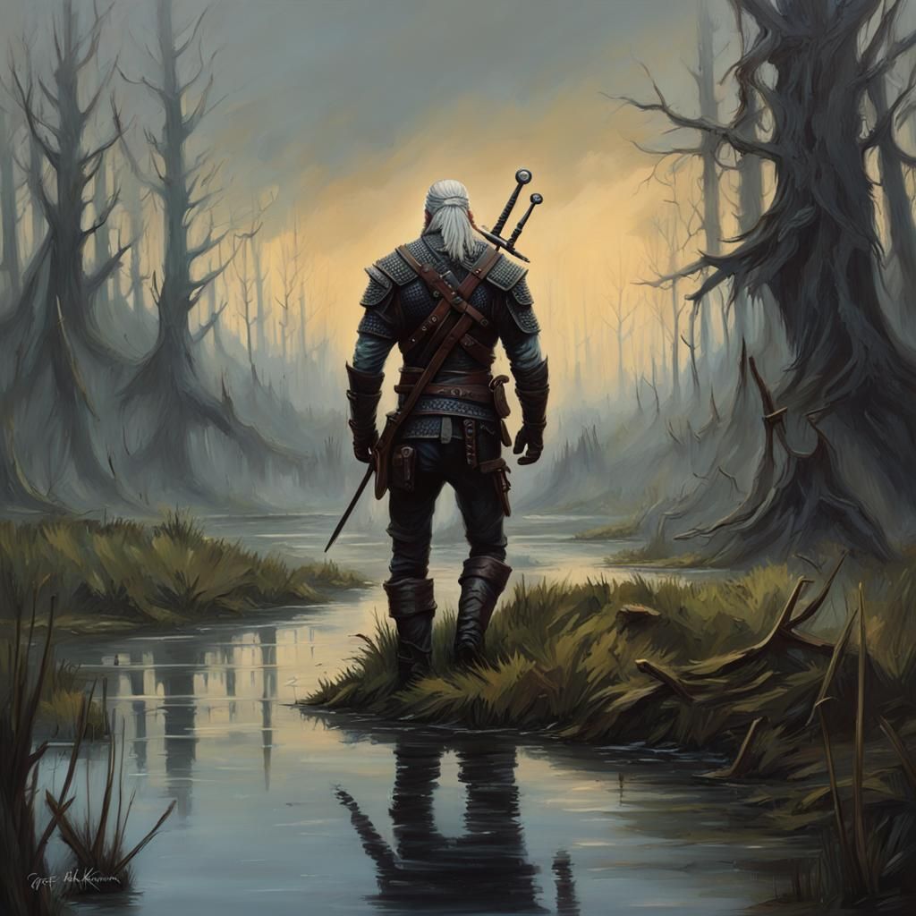 Gothic Oil Painting of Geralt Exploring a Swamp