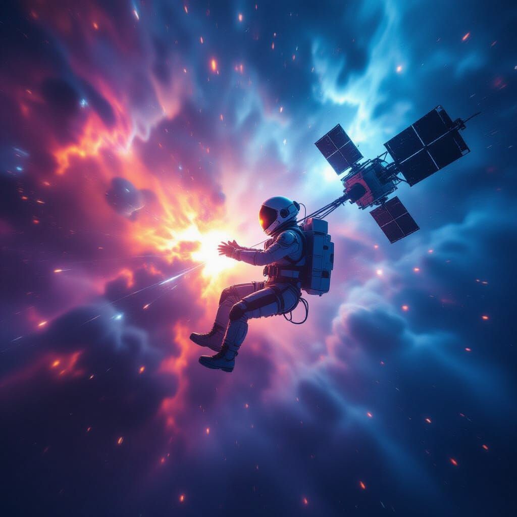 Cyborg Astronaut Repairs Satellite in Nebula