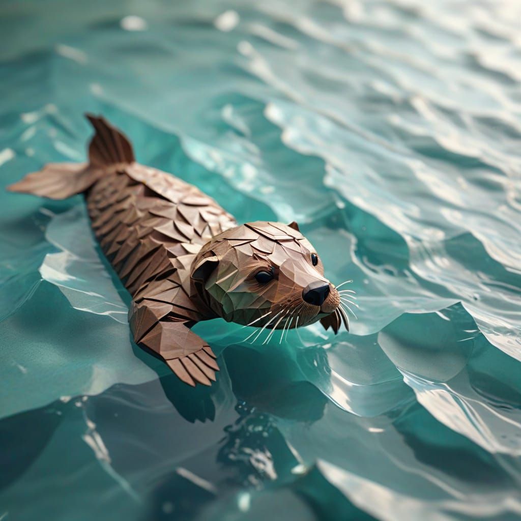 Origami Sea Otter Floats Serene on Water Surface
