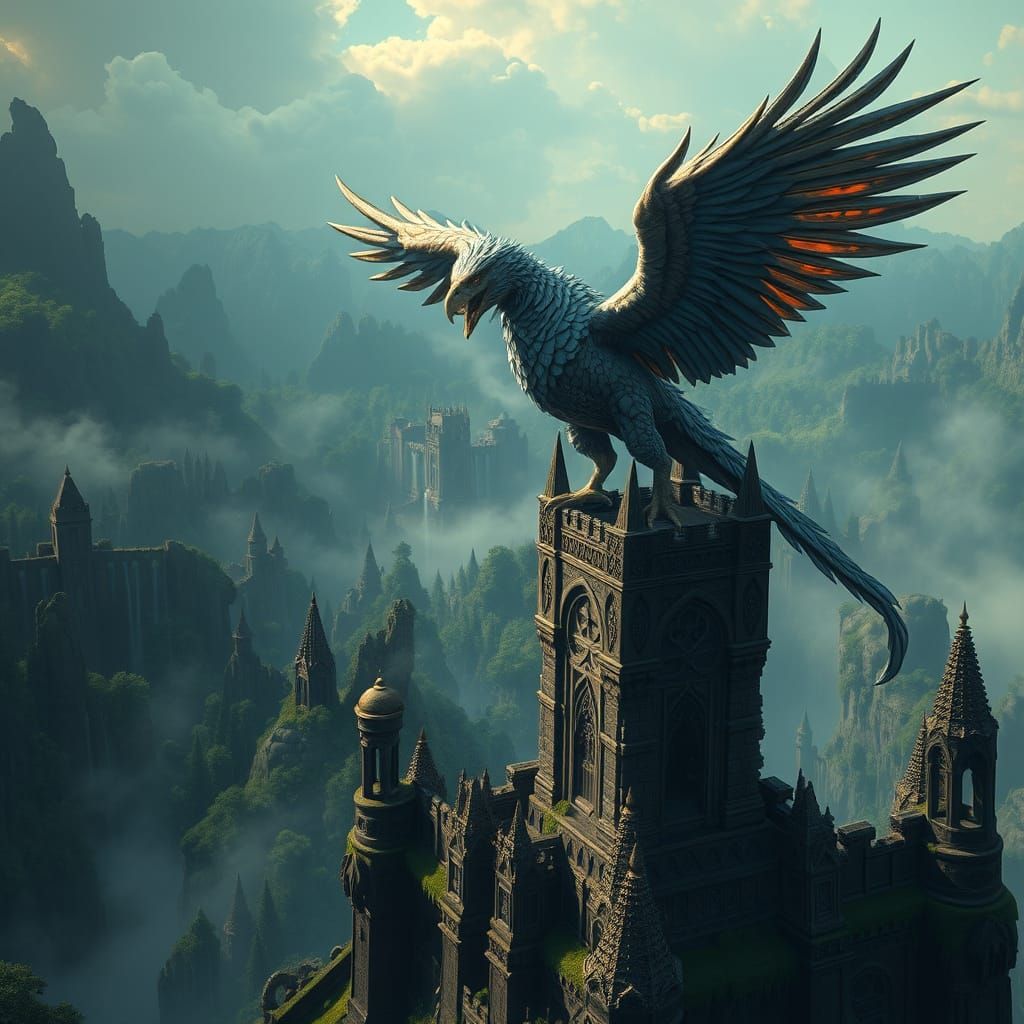 A majestic griffin perched atop an ancient, moss-covered castle, overlooking a vast, enchanted forest. The griffin's fea...