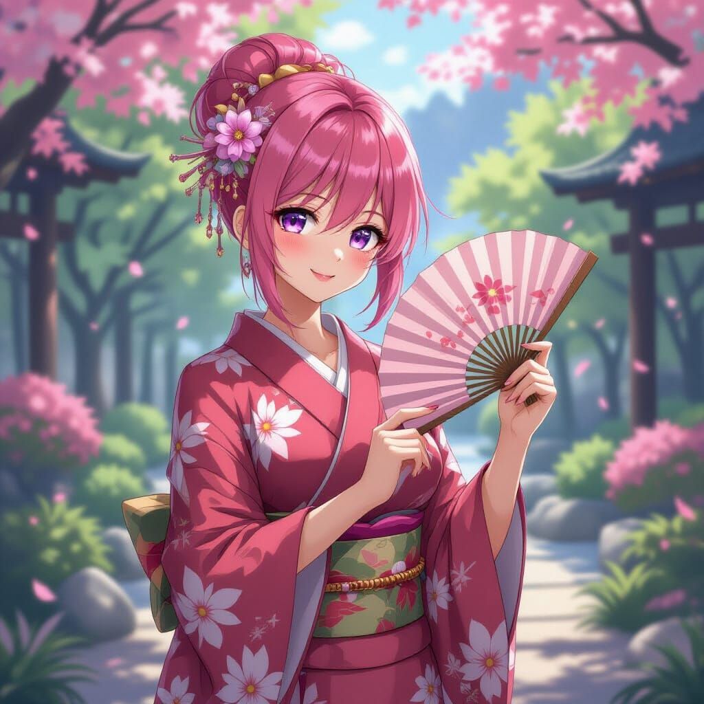 Pink Haired Woman Flirting in Fantasy Garden