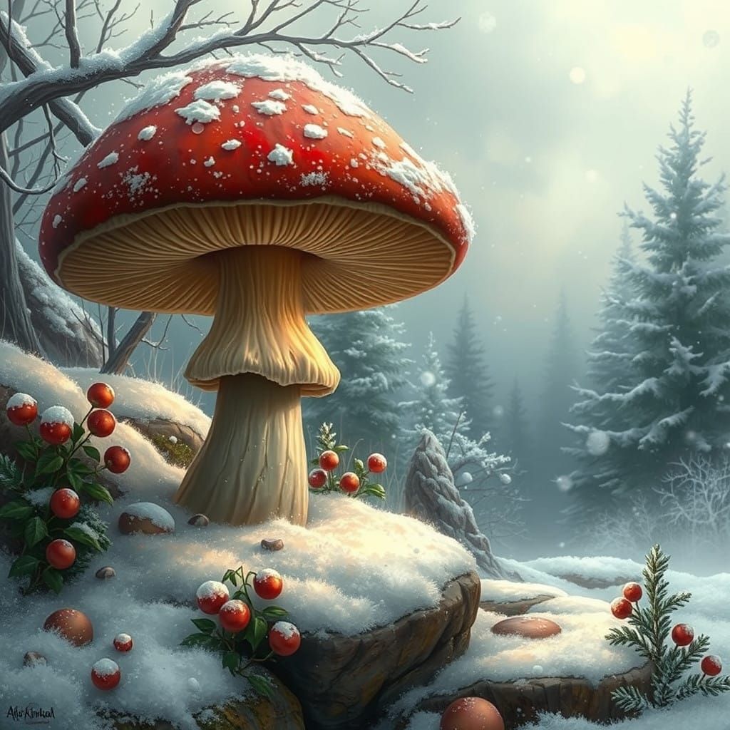 Winter Mushroom in a Snowy Holiday Scene