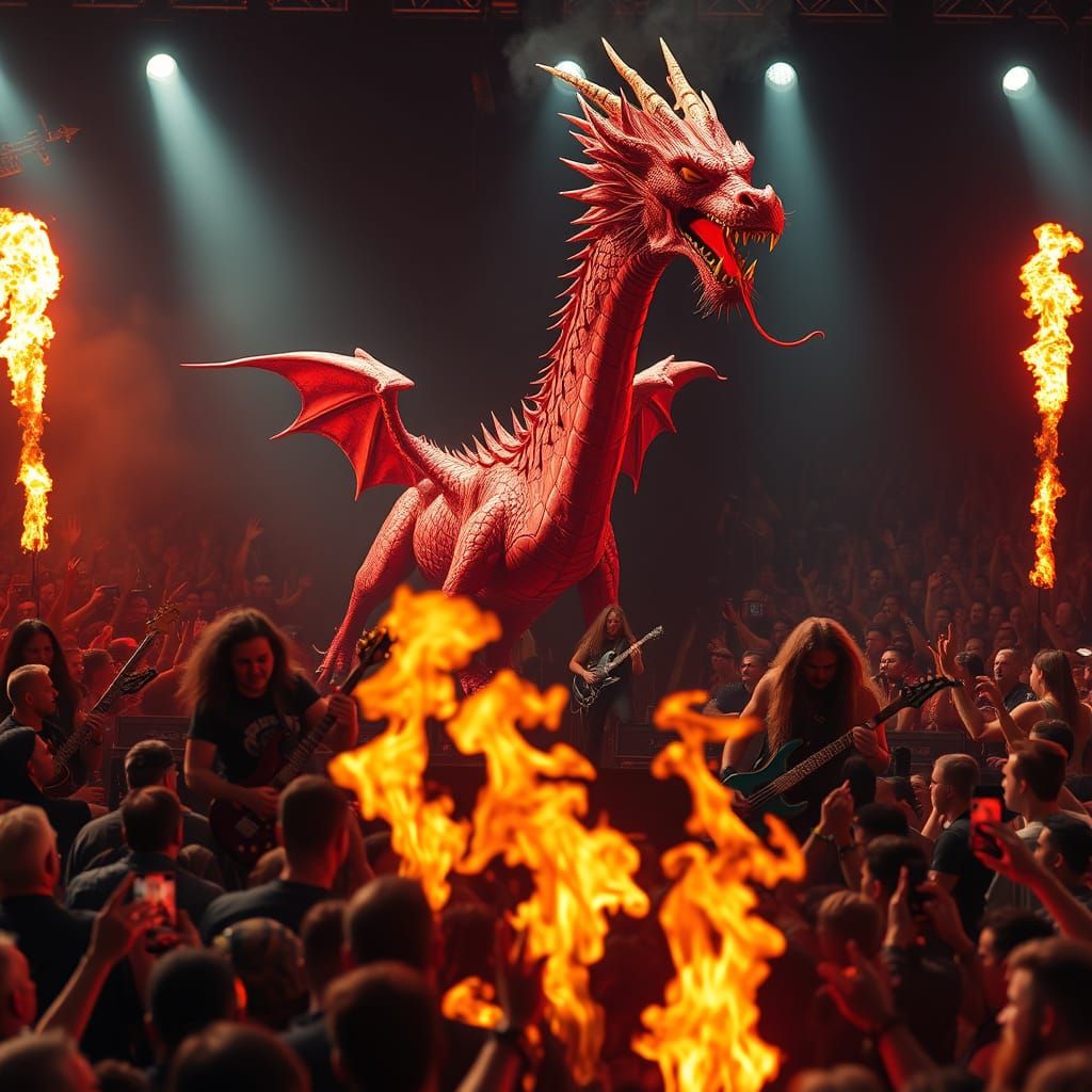 Electric Metal Band Performs Under Fire-Breathing Red Dragon
