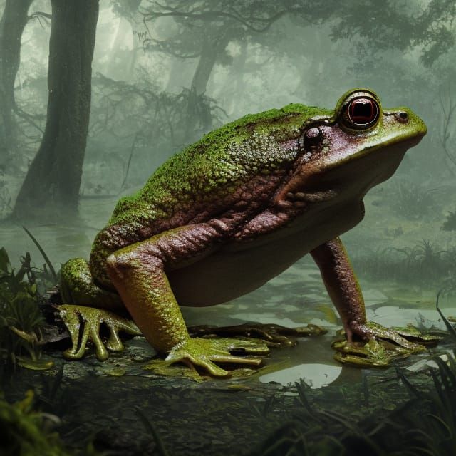 Giant Fire-Breathing Mutant Frog in Overgrown Swamp