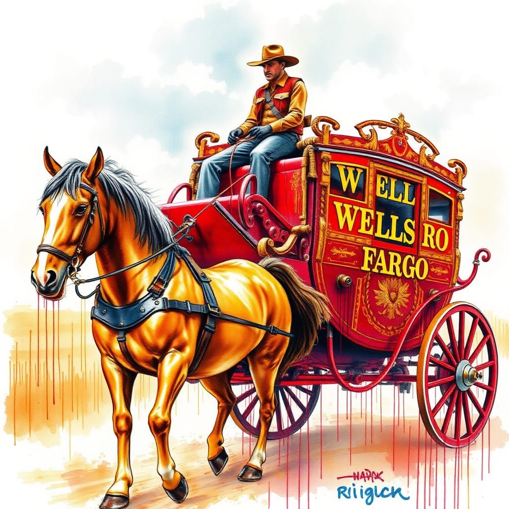 Drippy watercolor Wells Fargo stagecoach