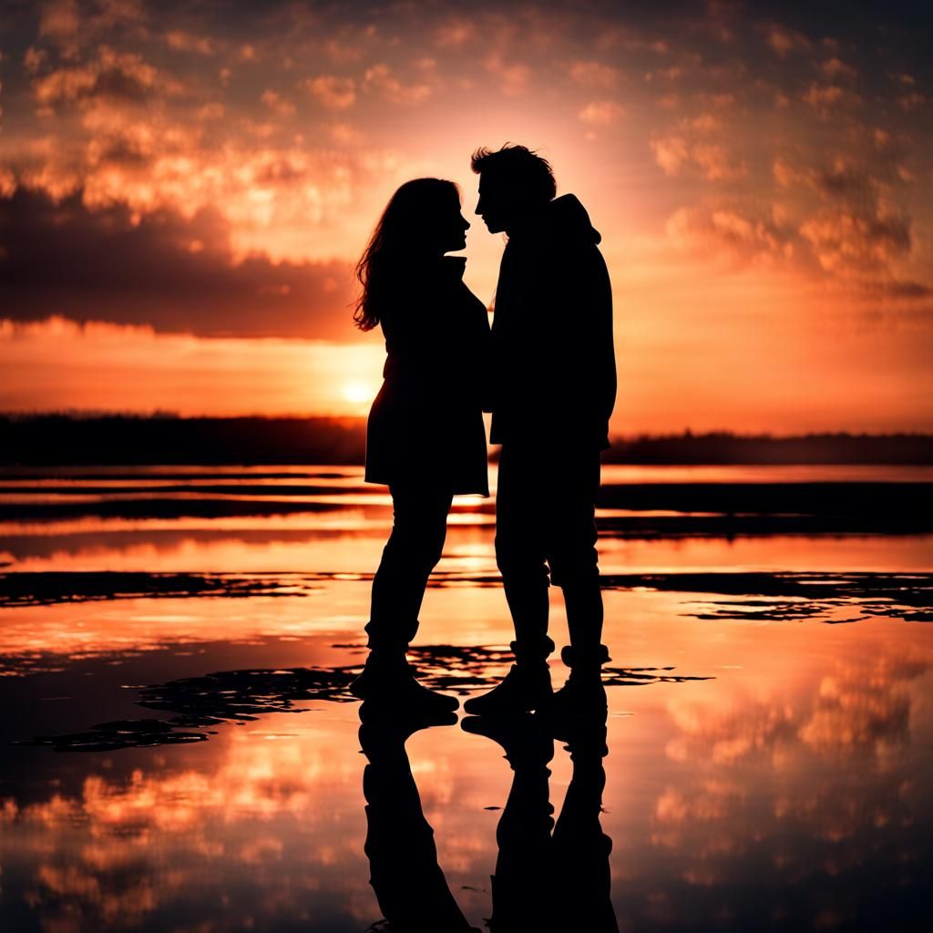 Silhouetted Embrace at Sunset: Hyperrealistic Image