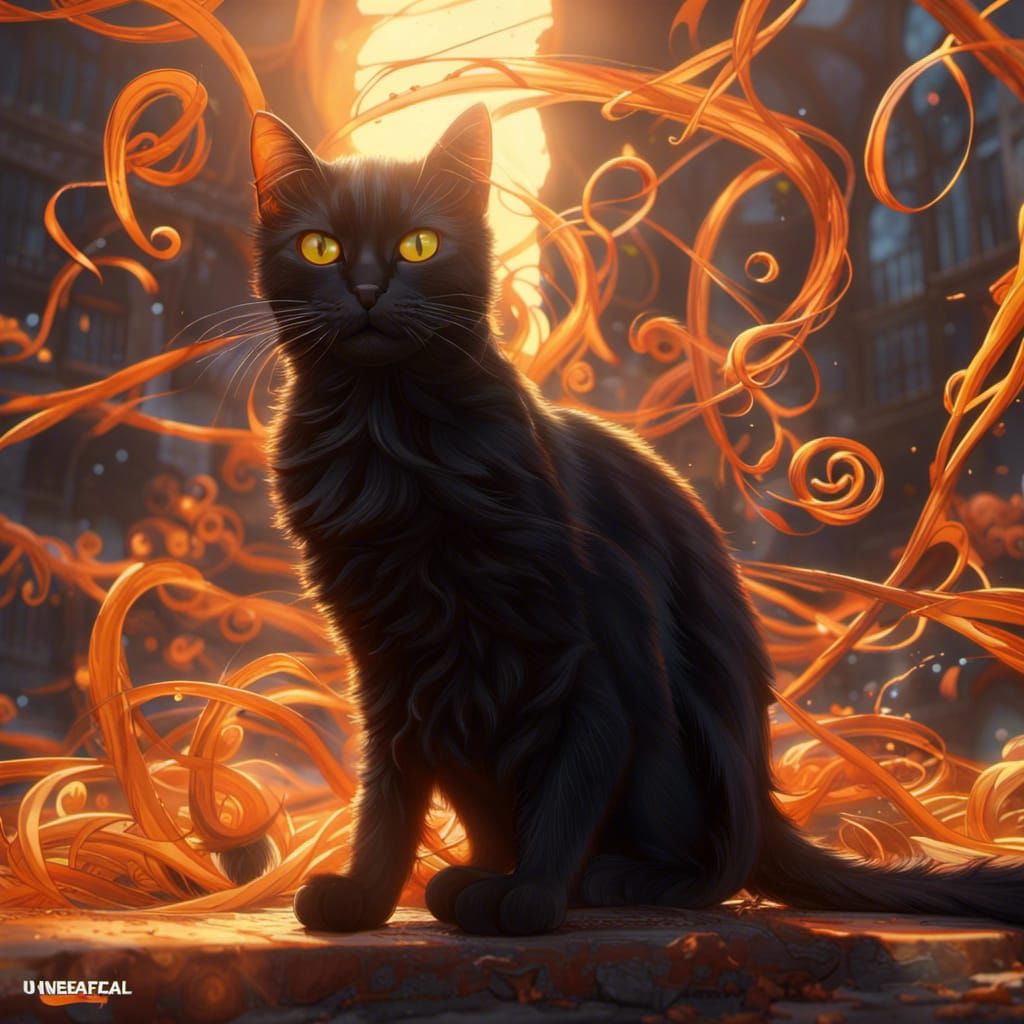 Black Cat Tangled in Orange Swirls: Matte Painting