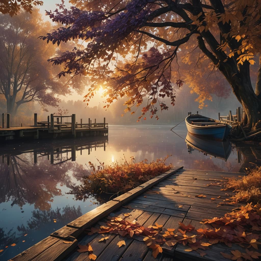 Hyperrealistic Boat at Dock in Autumn Foliage
