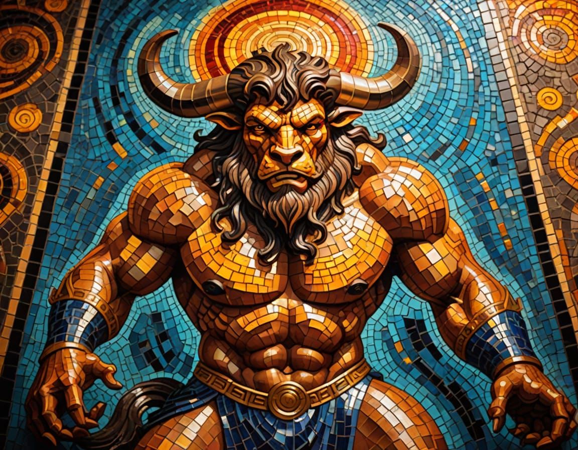 Ancient Greek Minotaur Mosaic in Vibrant Colors